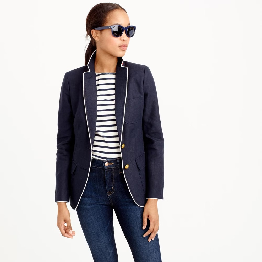 J.Crew Linen Blazer White Trim‎ Gold Buttons Classic Navy Blue 6 Nautical Preppy